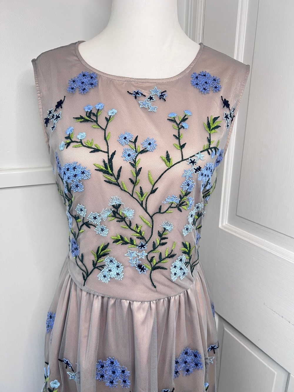 Sundance Forget Me Not Floral Embroidered Tulle Fit & Flare Dress in Blue Nude - Picture 3 of 11